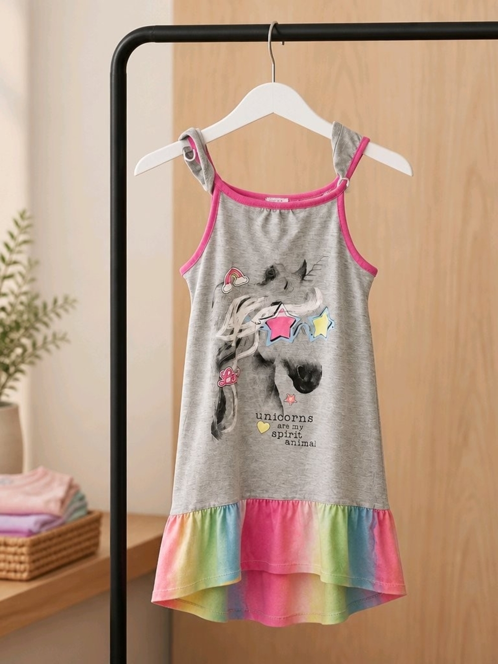 SO Grey Unicorn Nightgown with Pink Trim and Rainbow Ruffle